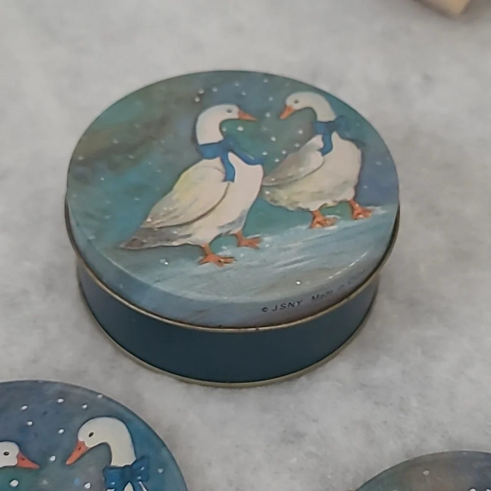 Winter geese coasters, Set Of 6, Vintage, J.S.N.Y. with a matching storage tin